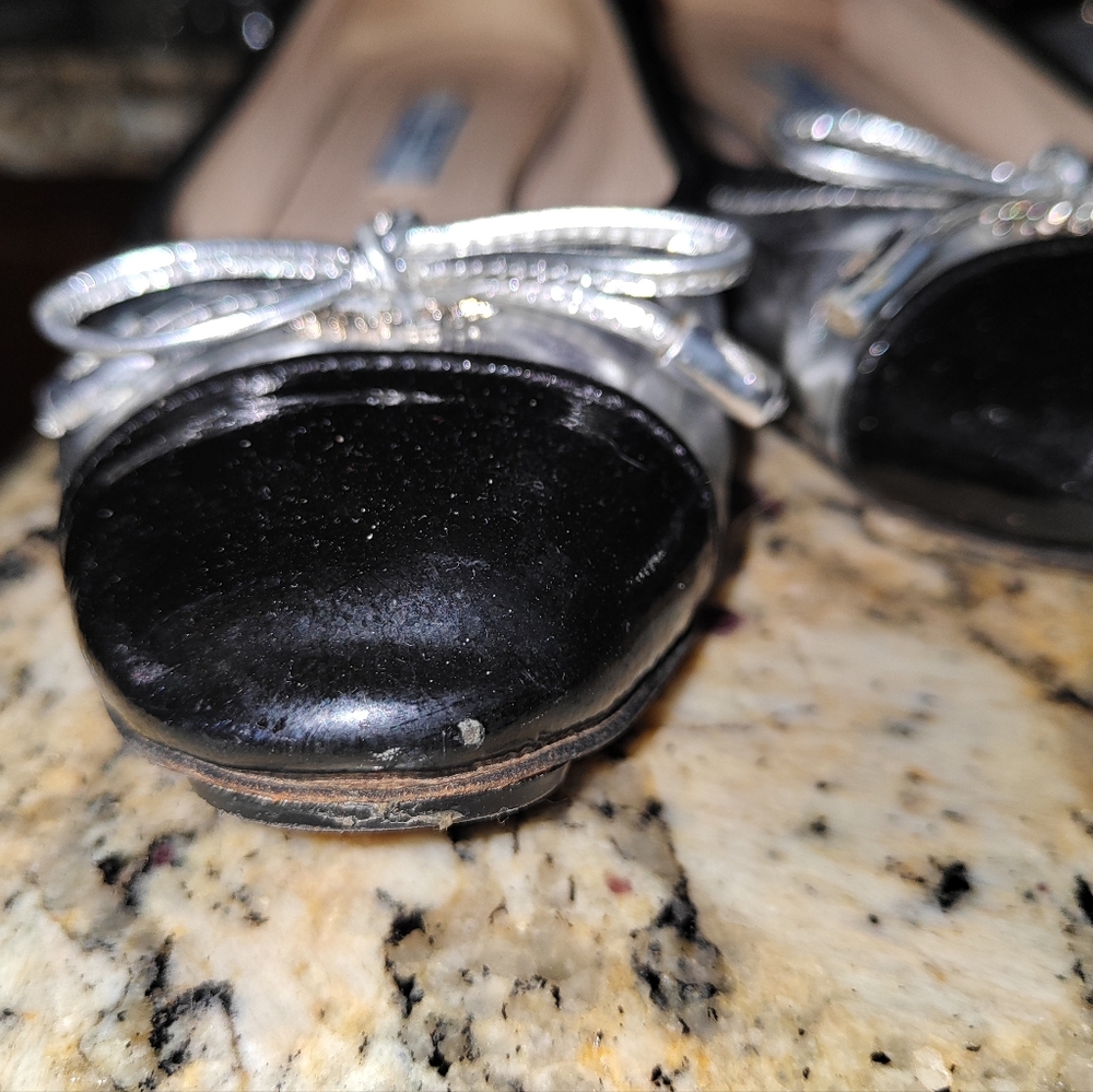 Prada Black Patent Leather Ballet Flats with Silver Bow - Picture 2 of 9